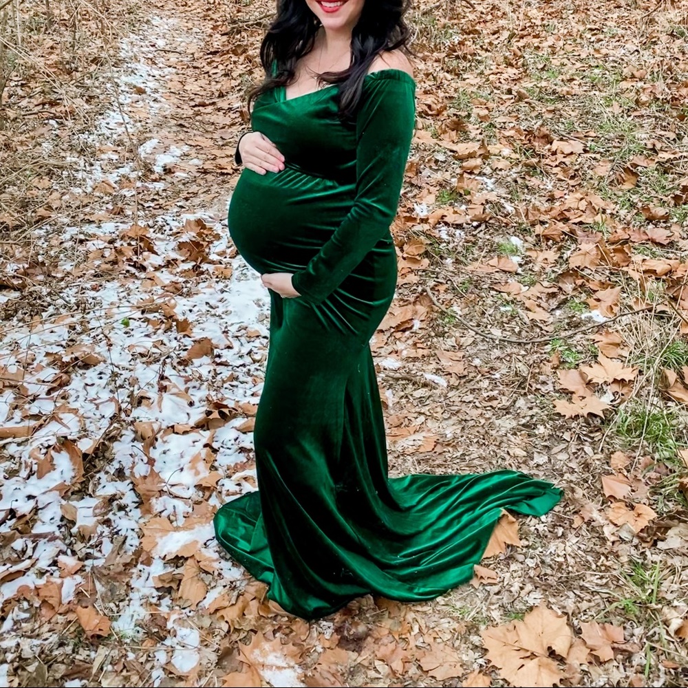 Green velvet maternity dress